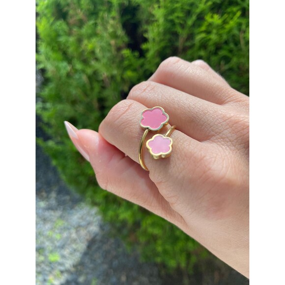Pink Cottagecore Flower Ring - Adjustable Ring - Pink and Gold Floral Ring - Picture 2 of 2